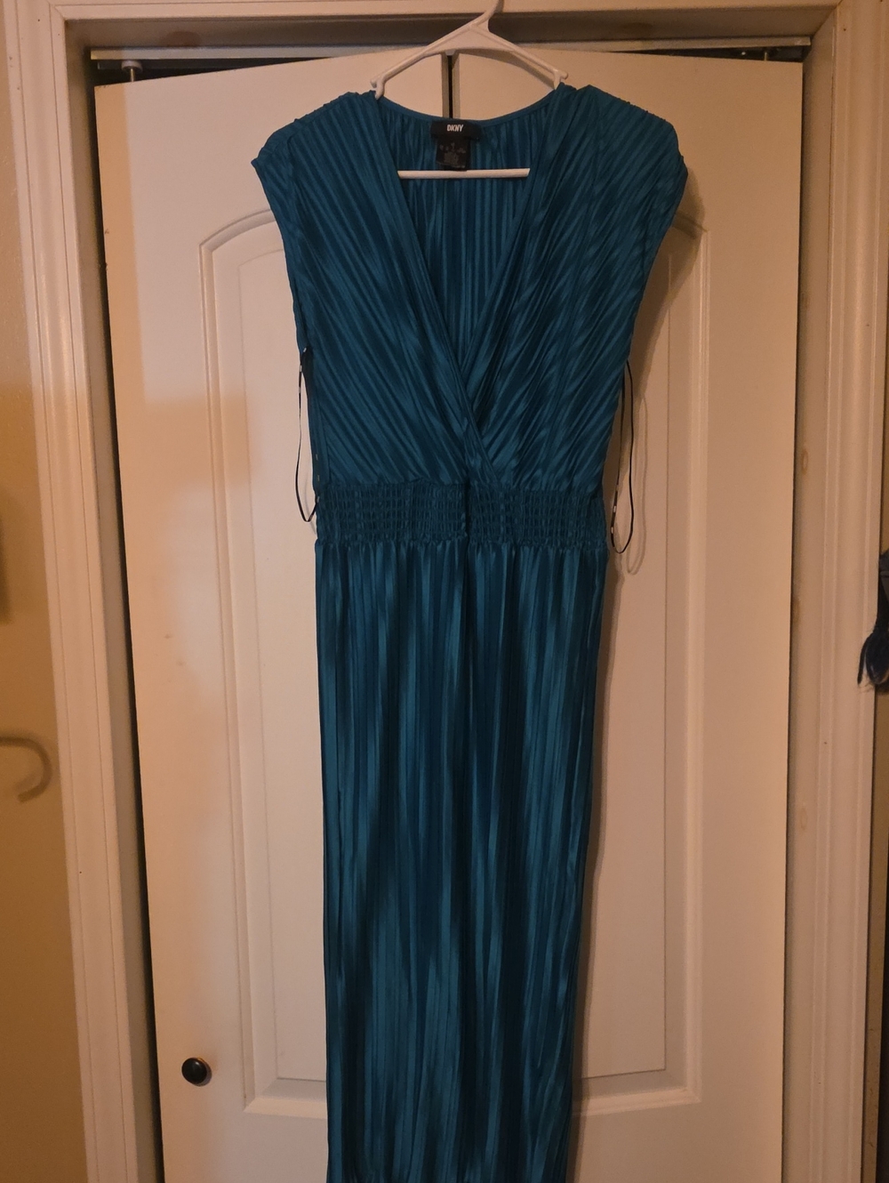 DKNY Teal Pleated V-Neck Maxi with Smocked Waist